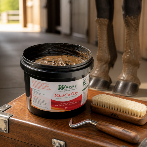 WOEMA Miracle Clay tub with grooming brush and hoof pick beside clay-covered horse legs